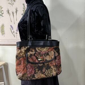 Vintage 90s Y2k Black Dark Floral Tapestry Bag Witchy Whimsigoth Grandma